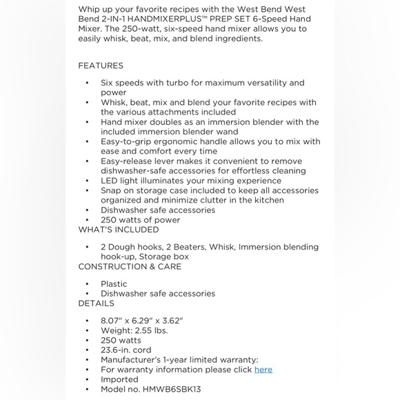 Westbend 🆕 2 in 1 Hand Mixer & Immersion Blender Prep Set 6 speed, 7 Functions - Picture 13 of 16